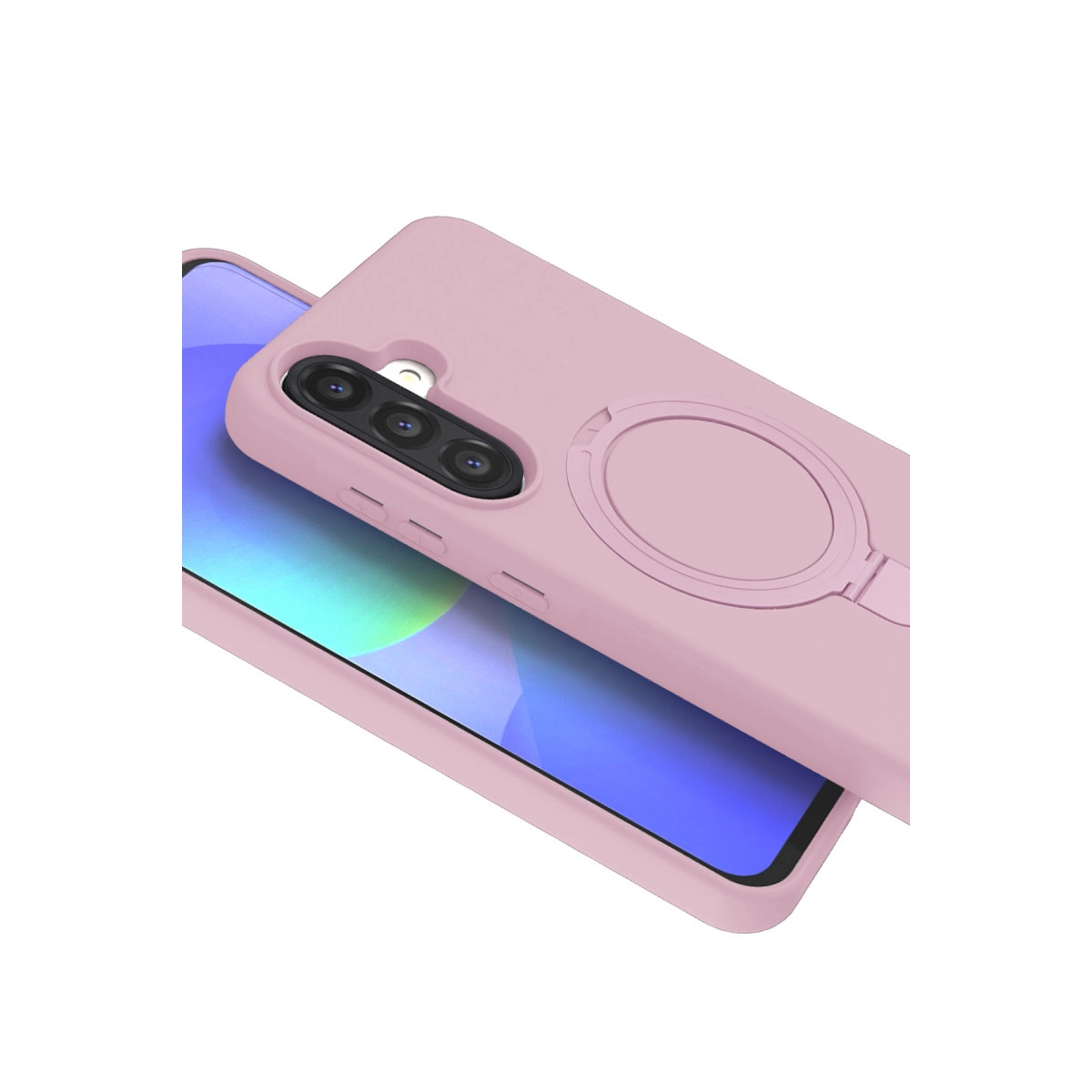 Halka tutuculu ve üç kamera lensli pembe telefon kılıfı.