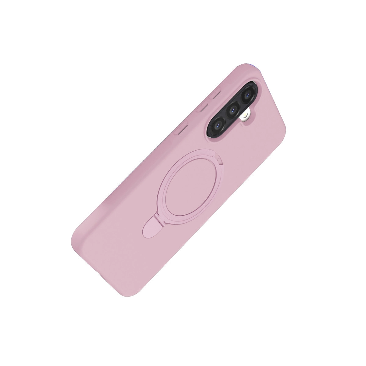 Üç kamera lensli, halka tutuculu açık pembe telefon kılıfı.
