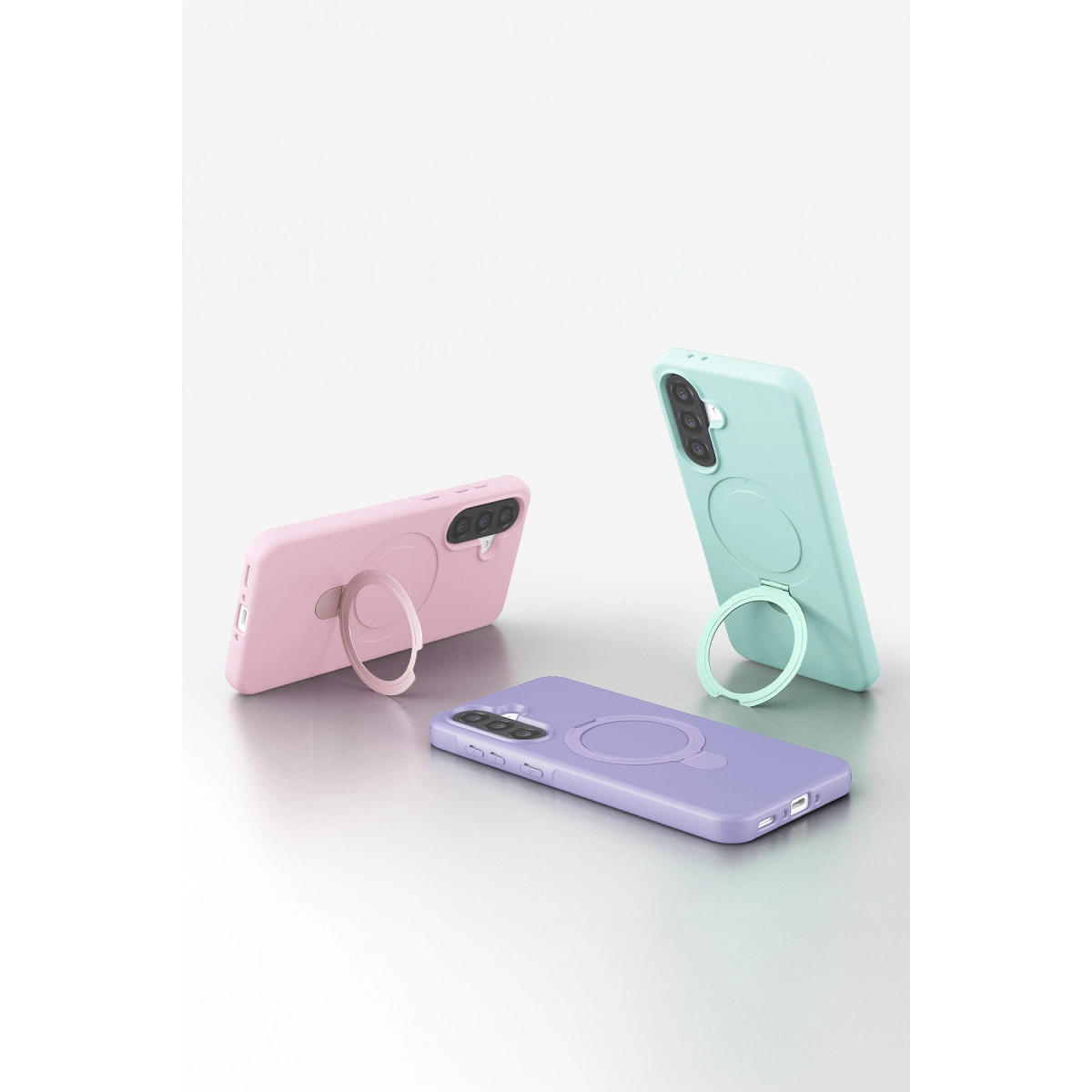 Halka tutuculu pembe, nane yeşili ve mor renkli üç telefon kılıfı.