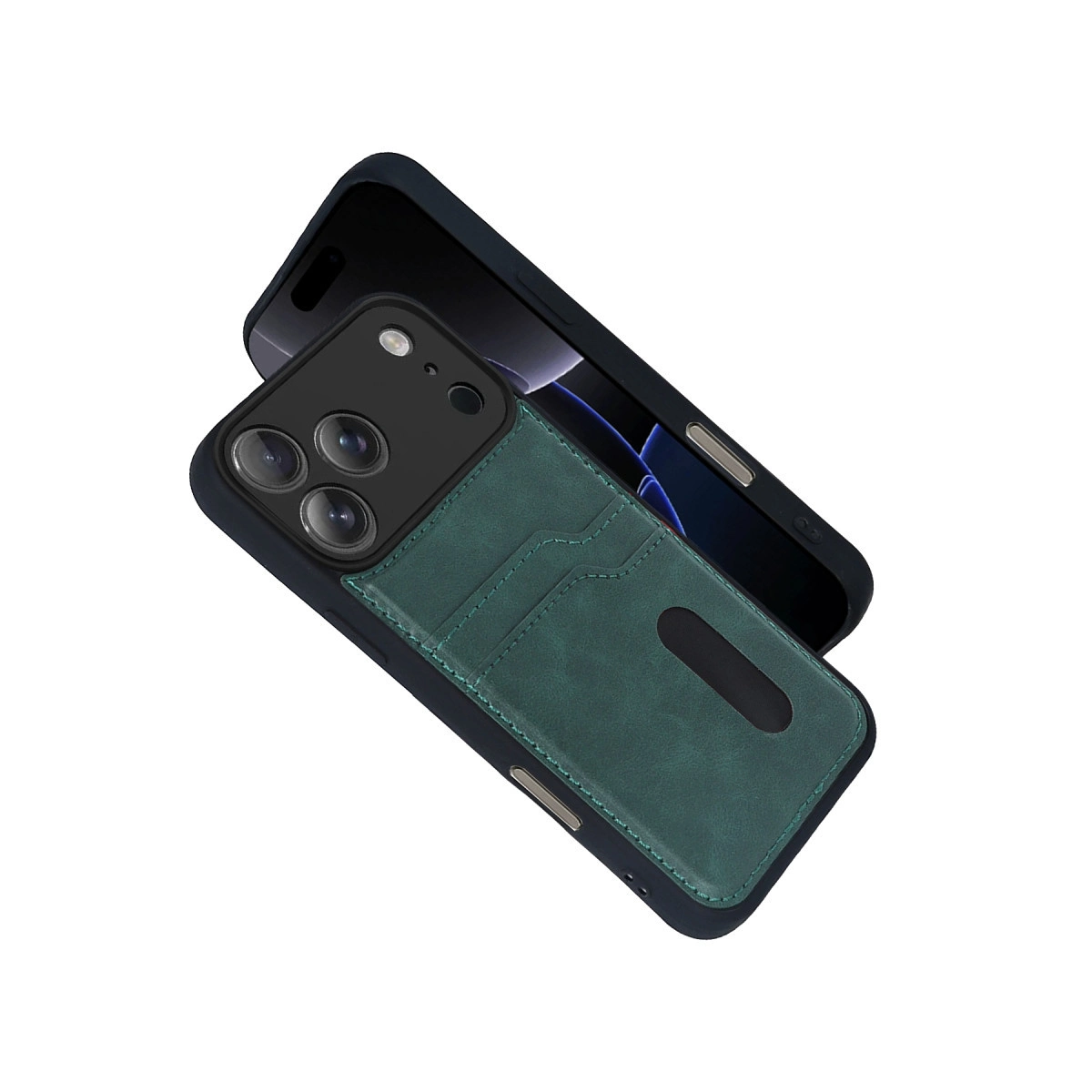 Arkada kart yuvaları ve siyah çerçeveli koyu yeşil telefon kılıfı.