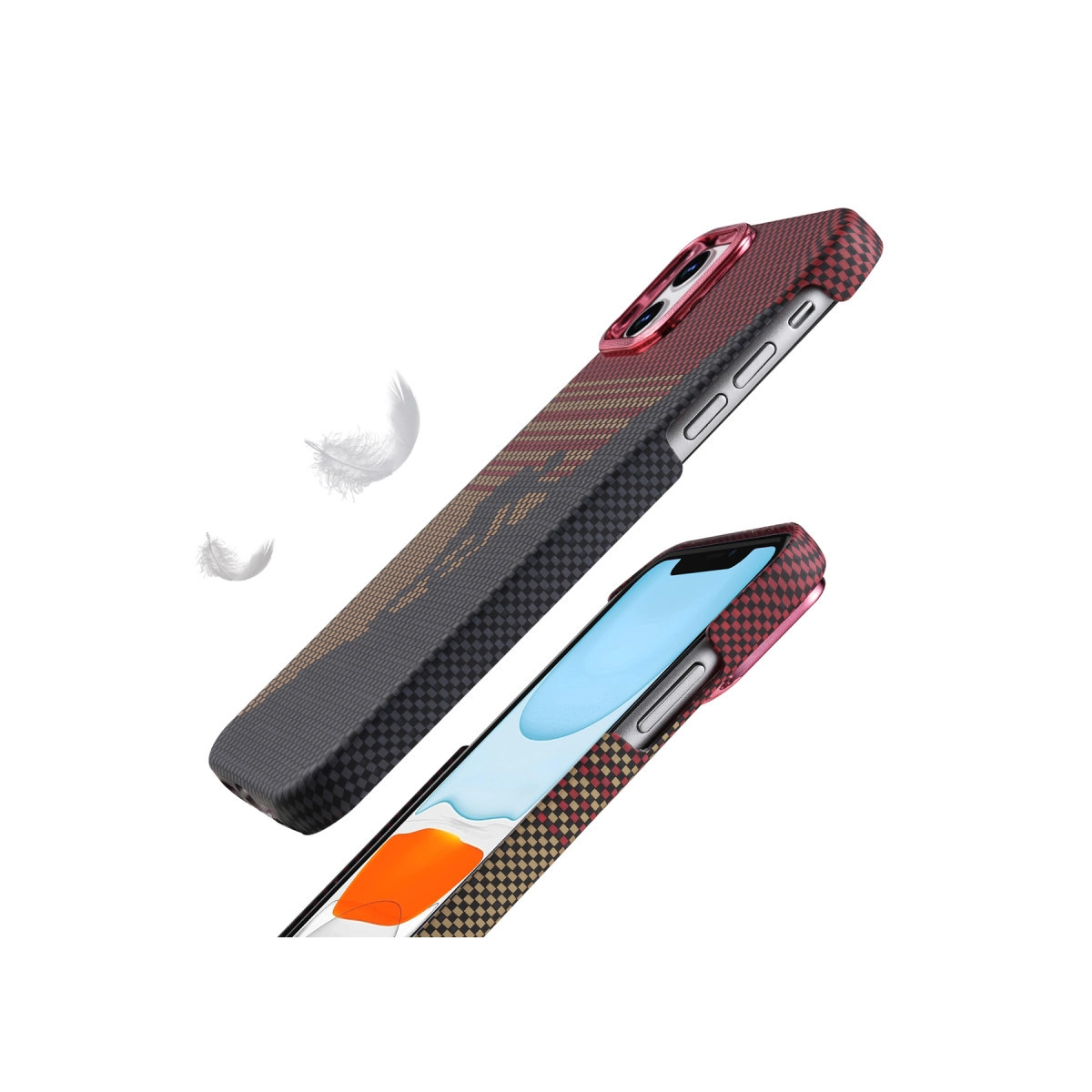 Karbon fiber desenli iki telefon kılıfı, biri kırmızı vurgulu, beyaz arka plan.