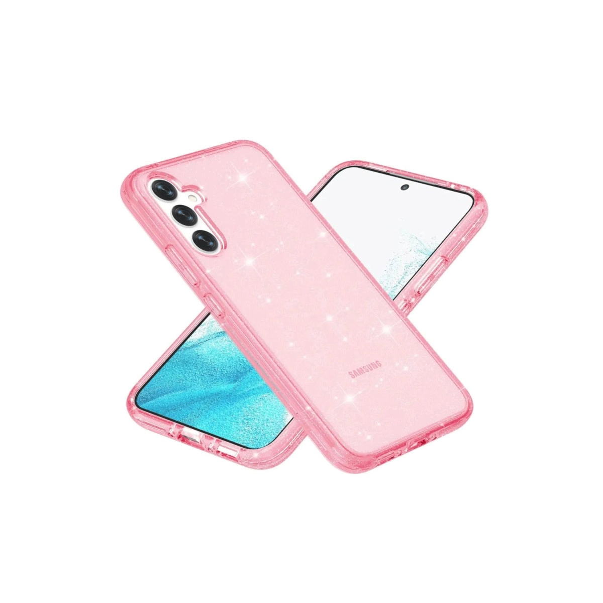 Üst üste dizilmiş iki pembe simli telefon kılıfı, biri Samsung logosunu gösteriyor.