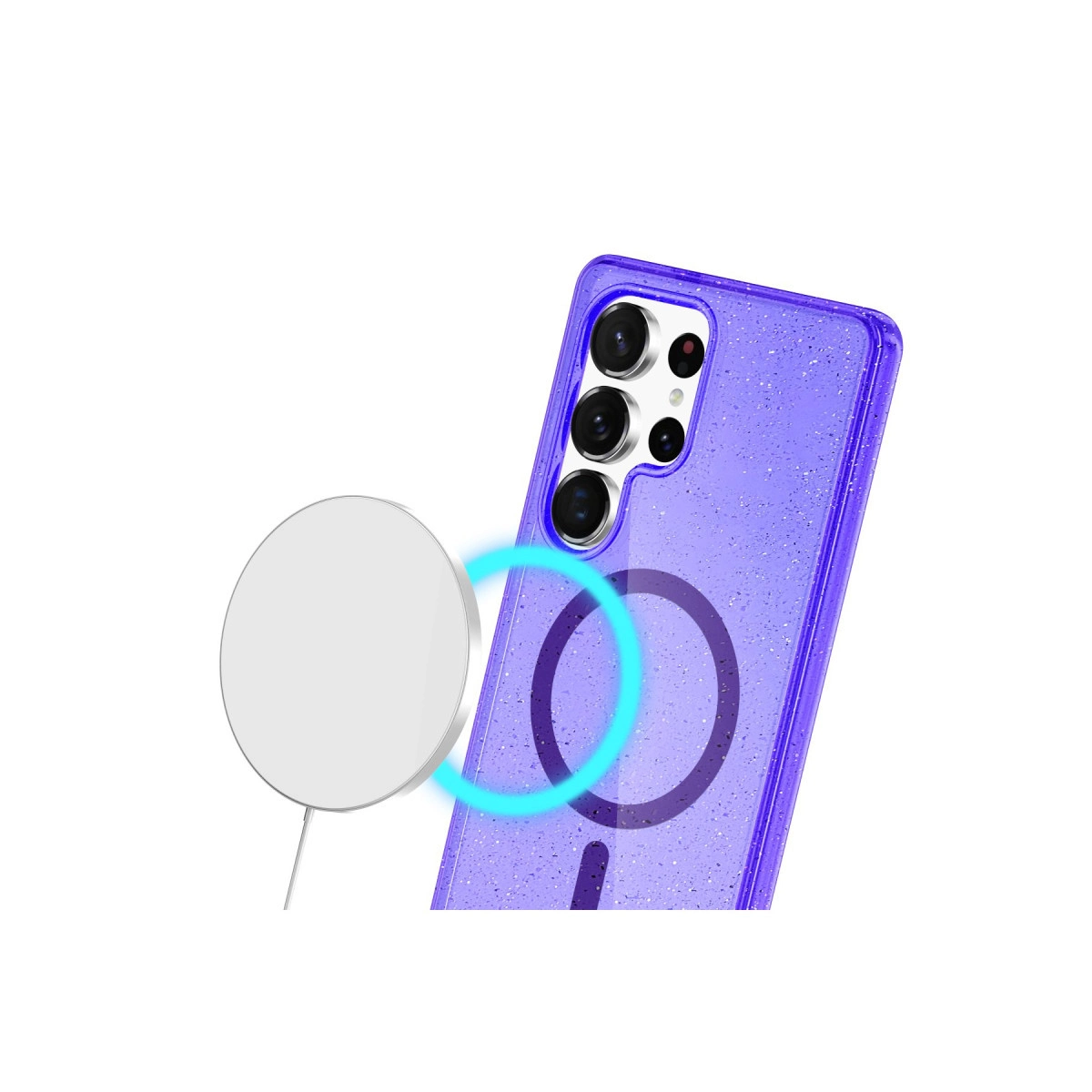 Mor simli telefon kılıfı MagSafe şarj cihazı ile.