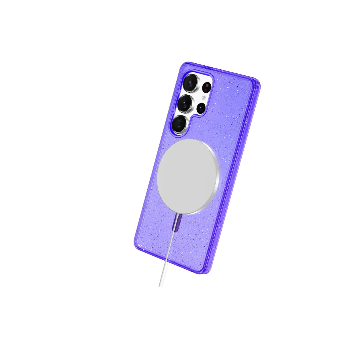 Simli mor telefon kılıfı ve yuvarlak şarj pedi.