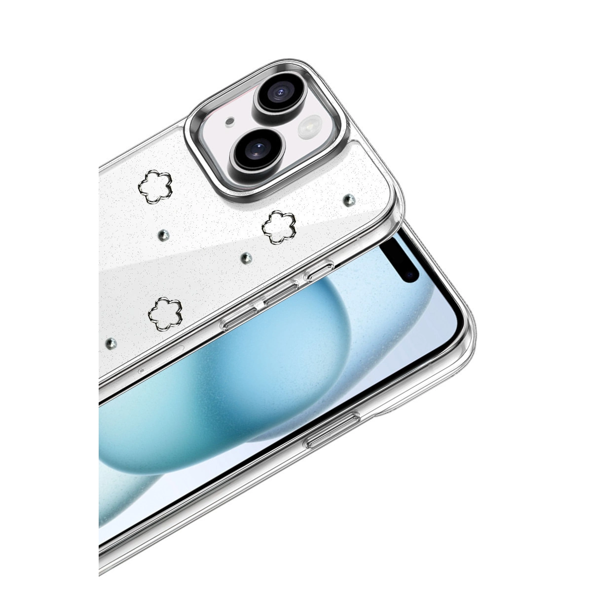Çiçek desenli ve simli şeffaf telefon kılıfı.
