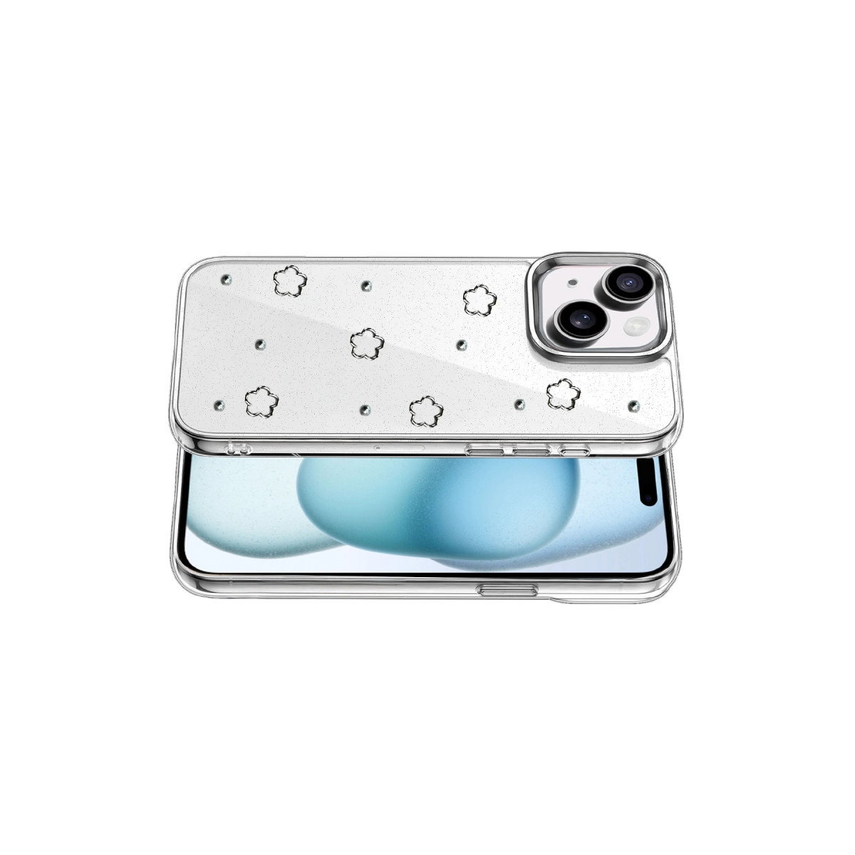 Telefon için çiçek desenli ve simli şeffaf kılıf.