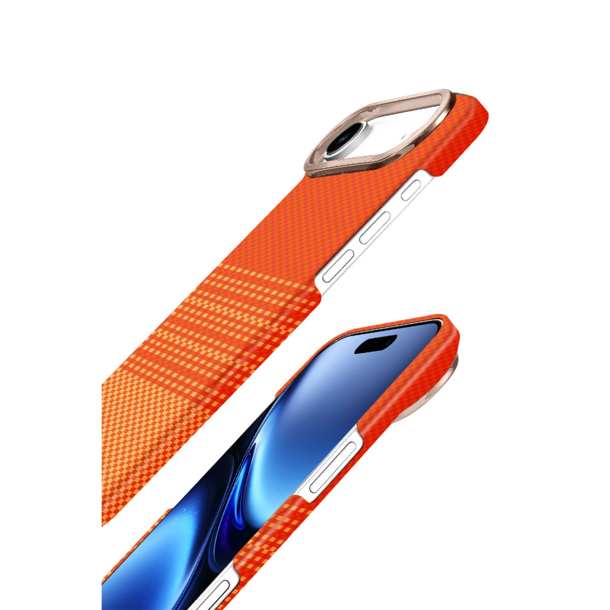 Beyaz arka plan üzerinde damalı desenli ve kamera çerçeveli turuncu telefon kılıfı.