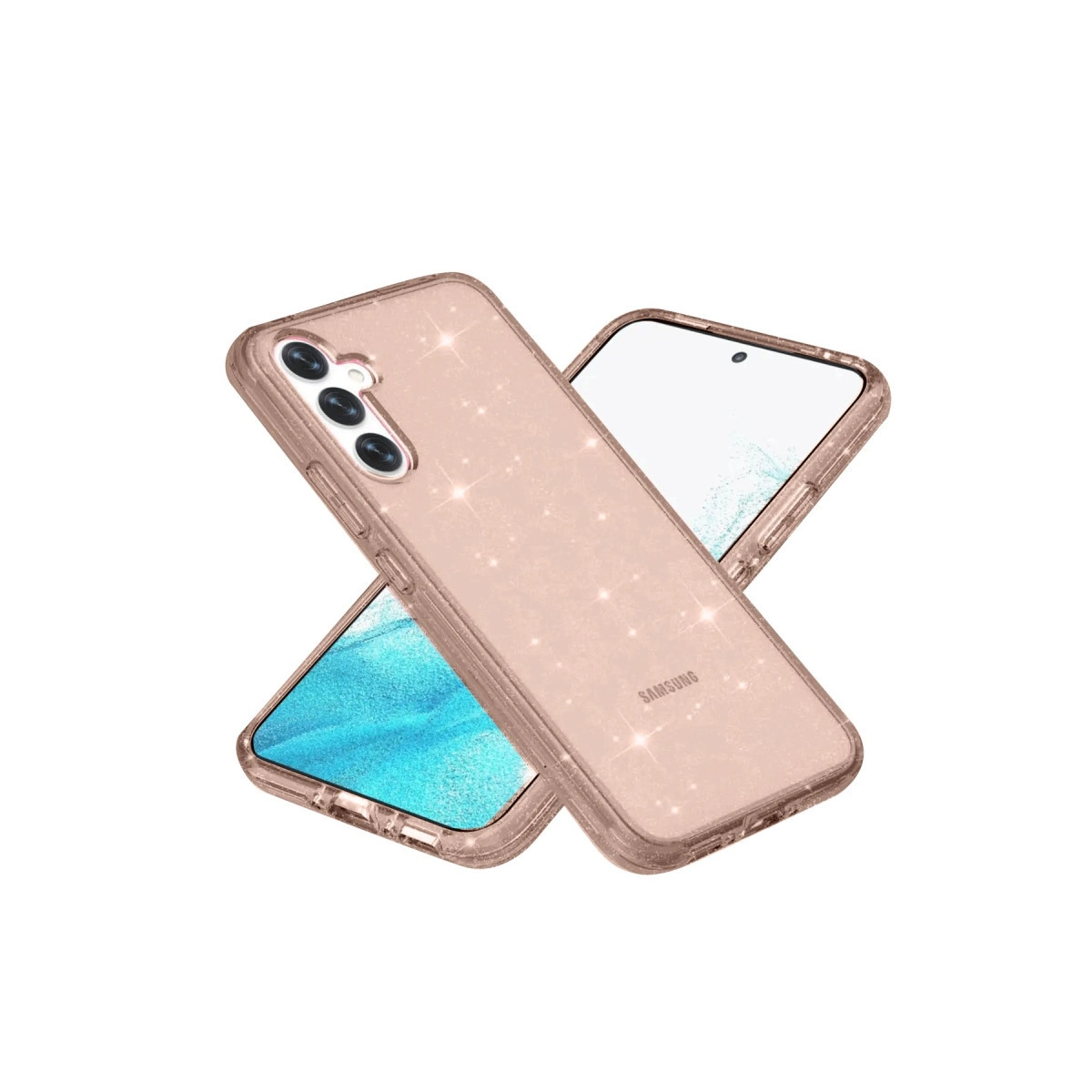 Rose altın rengi simli telefon kılıfı bir akıllı telefonun üzerinde.