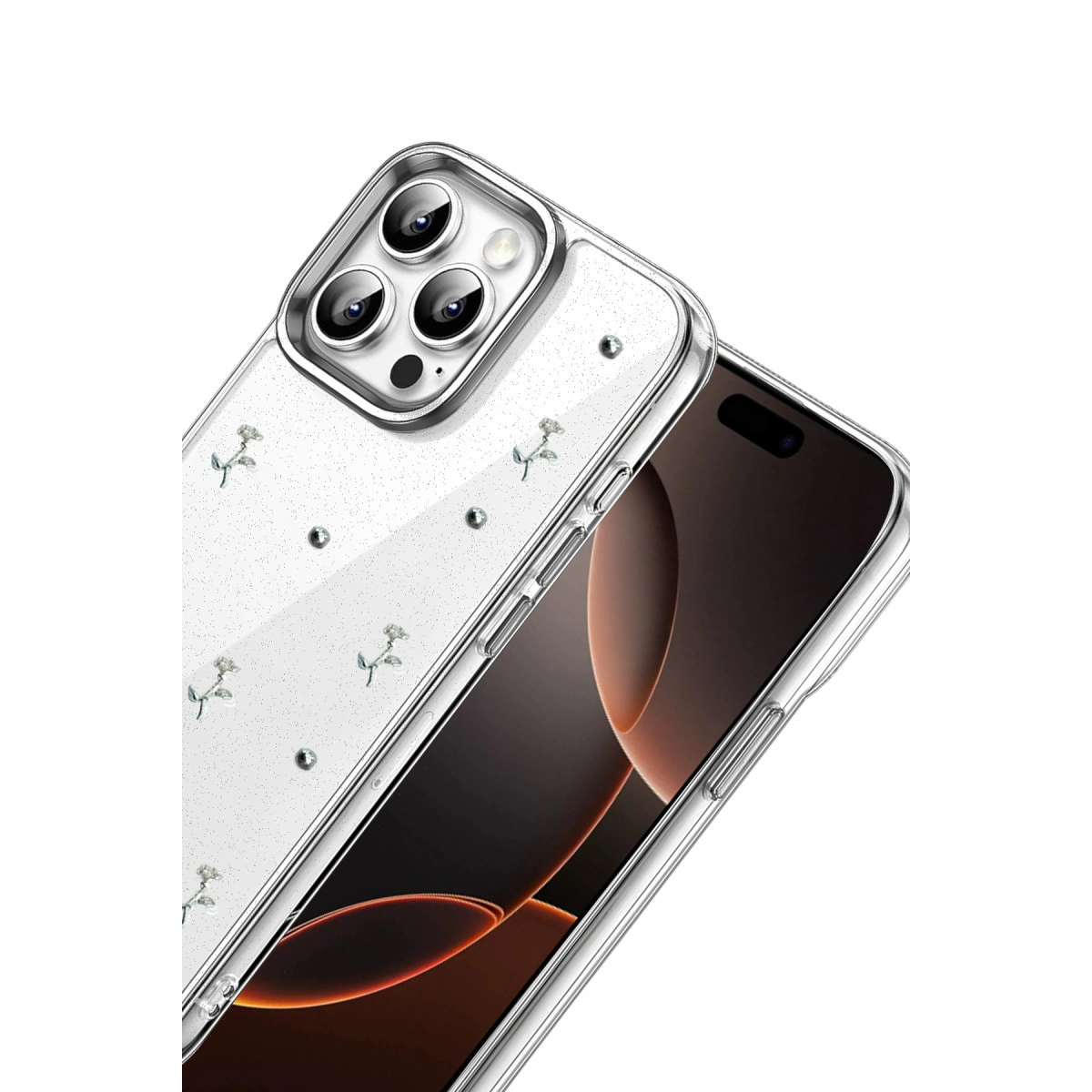 Telefon üzerinde küçük çiçek desenleri ve sim bulunan şeffaf telefon kılıfı.