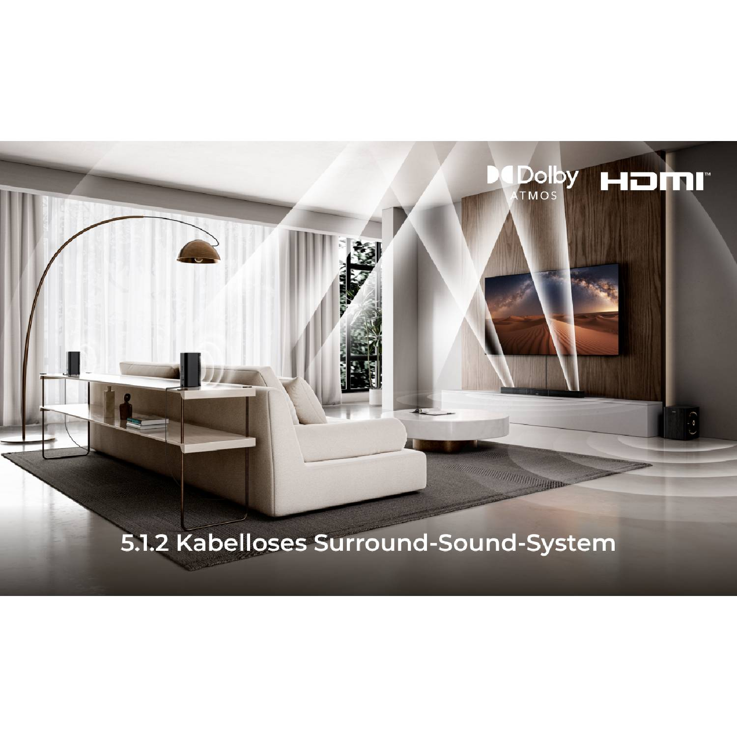 Salon moderne avec logo Dolby Atmos et HDMI. Canapé, TV et haut-parleurs visibles.