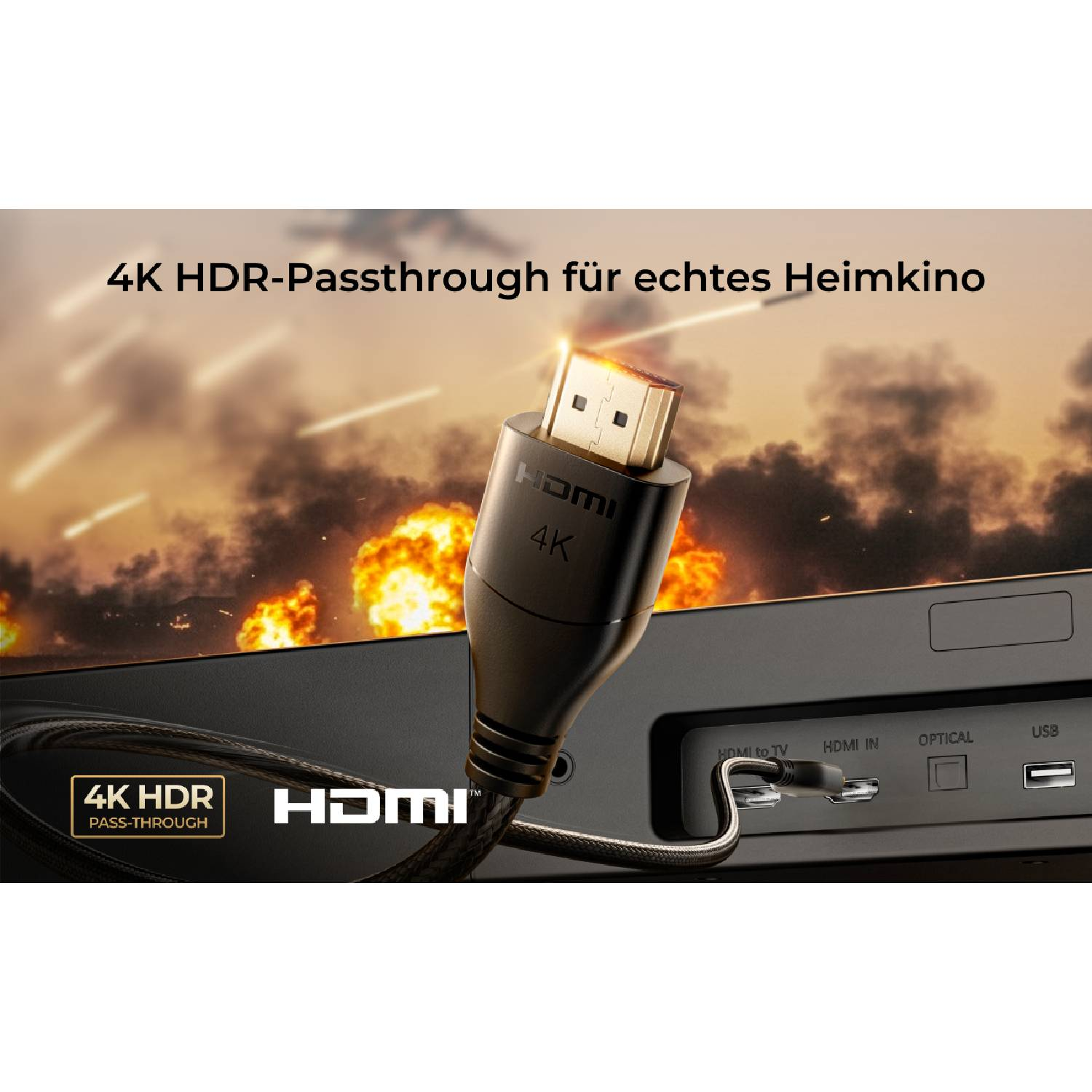 Câble HDMI branché sur un appareil, avec 4K HDR pour le home cinéma.