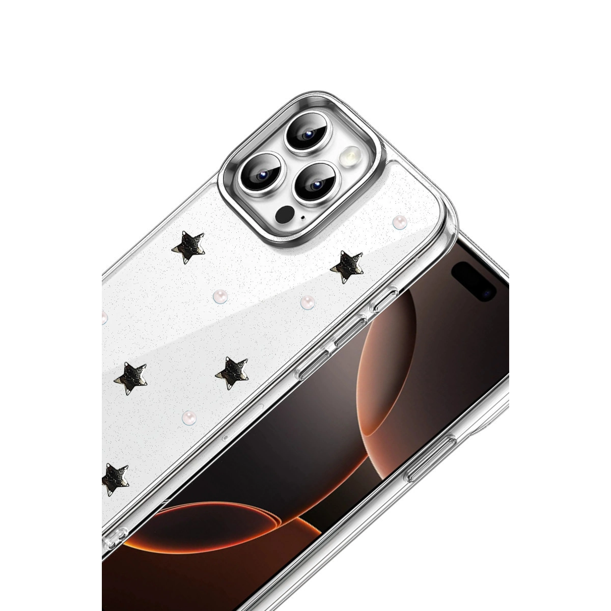 Berrak yıldız ve inci desenli iPhone kılıfı.