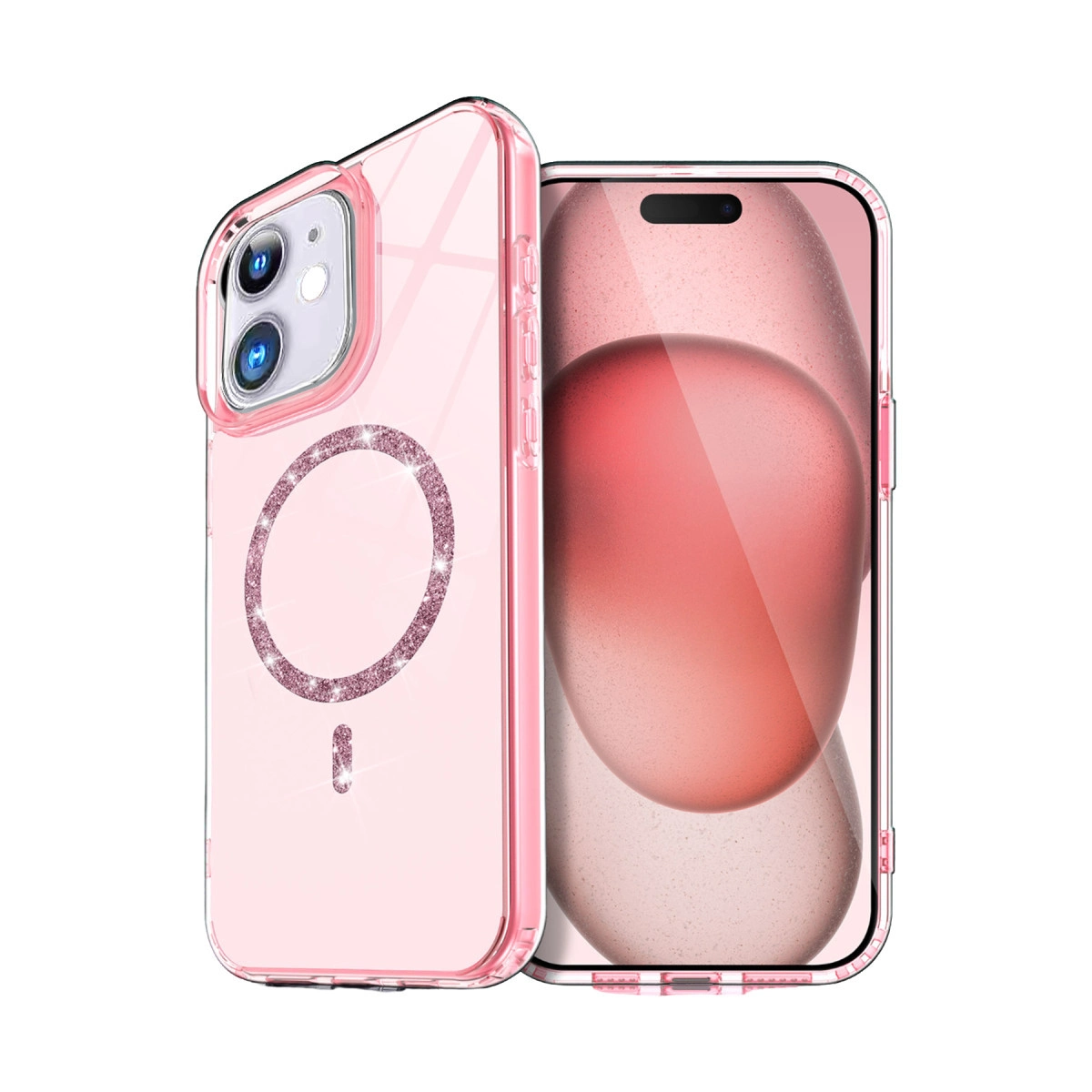 Simli halkalı şeffaf pembe telefon kılıfı ve iPhone.