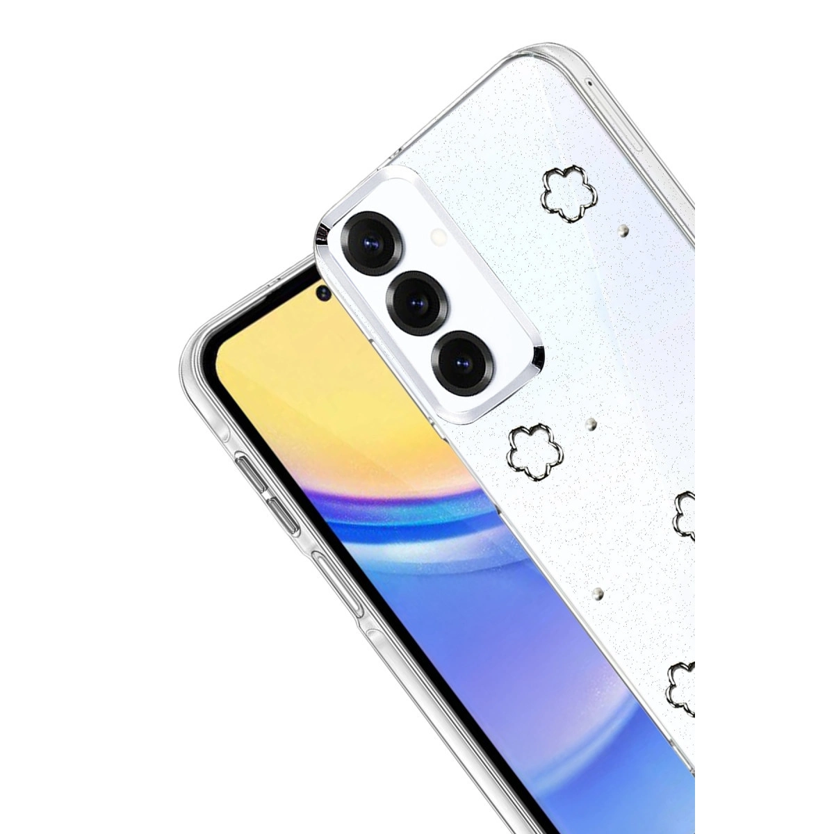 Çiçekli simlere sahip şeffaf telefon kılıfı ve kamera detayı.