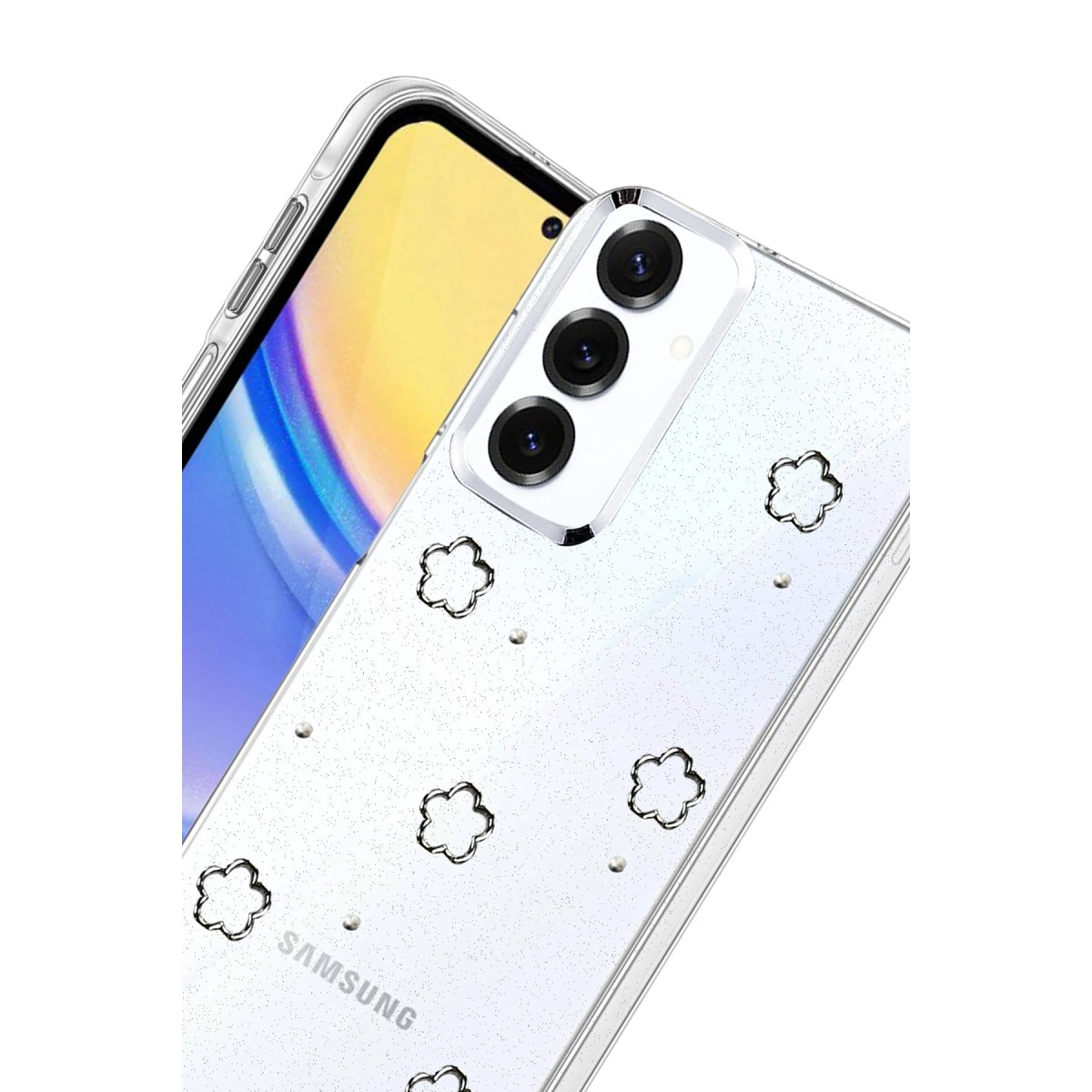 Çiçek desenli ve simli şeffaf telefon kılıfı.