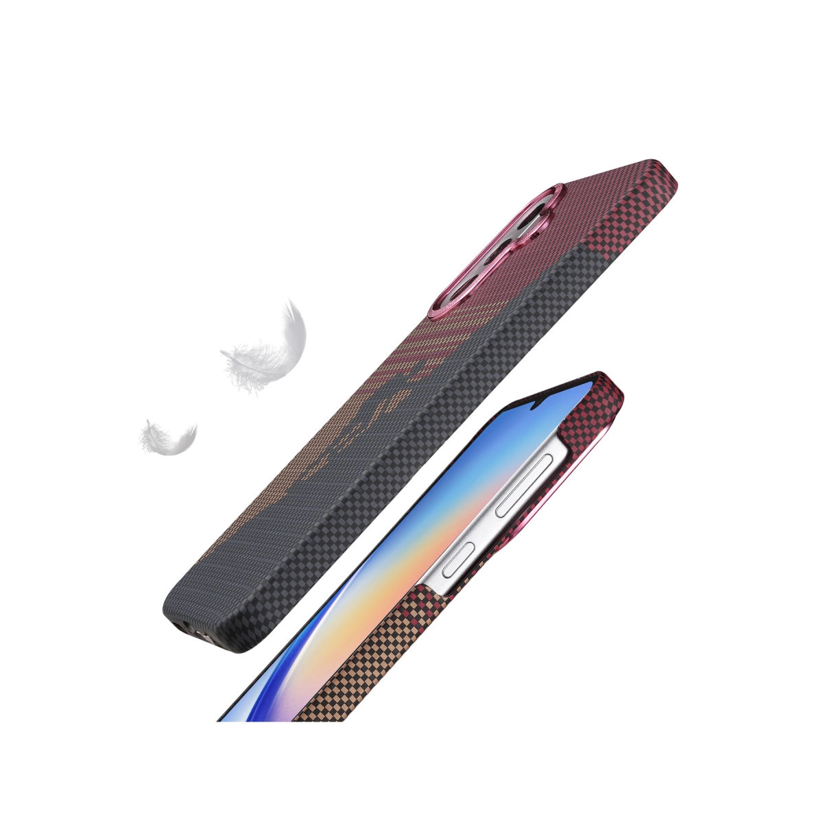 Kareli desenli ve pembe vurgulu iki telefon kılıfı. Yüzen tüyler.