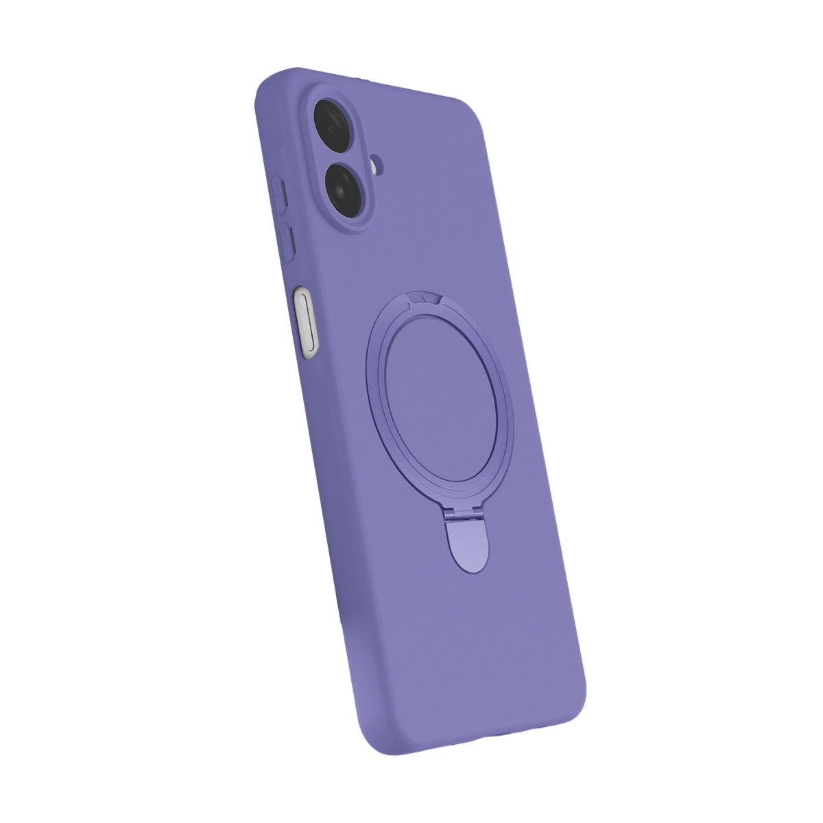 Beyaz arka plan üzerinde halka tutuculu mor telefon kılıfı.