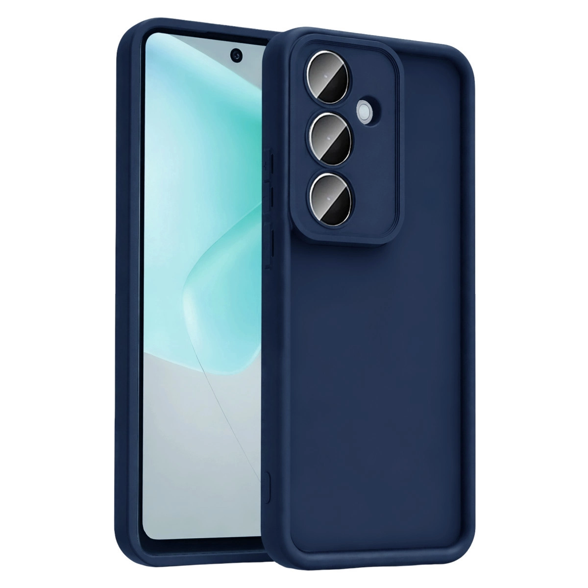Üçlü lens kamera kesimli lacivert telefon kılıfı.