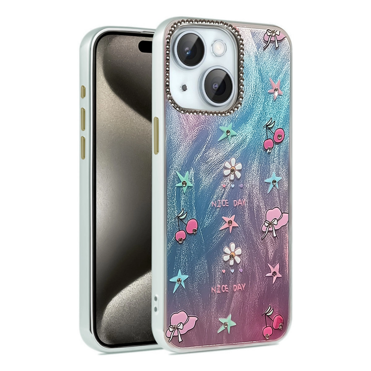 Pembe ve mavi gradyanlara sahip açık mavi telefon kılıfı, kiraz, yıldız ve çiçeklerle süslenmiş.