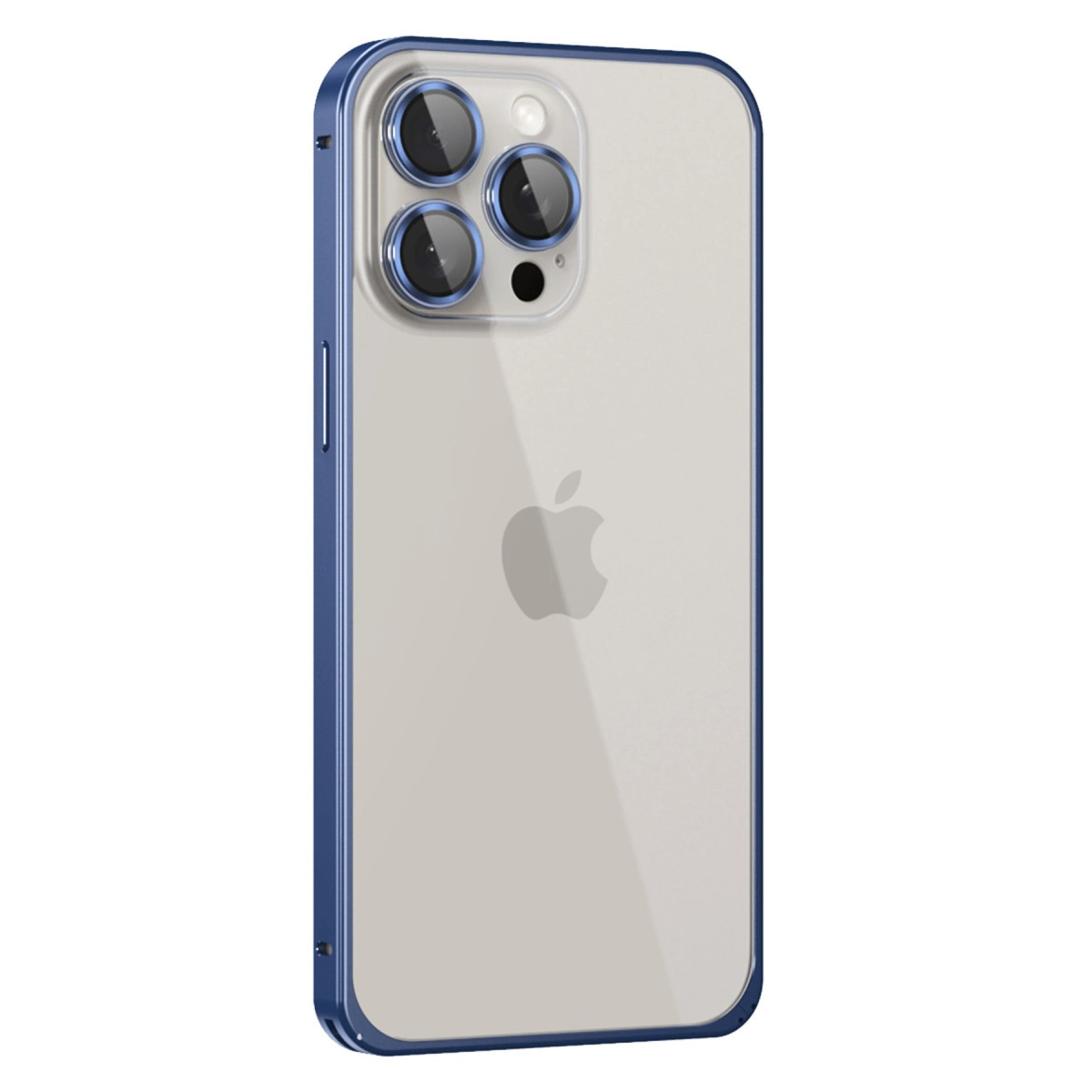 Üç kameralı, mavi çerçeveli şeffaf iPhone'un arkası.