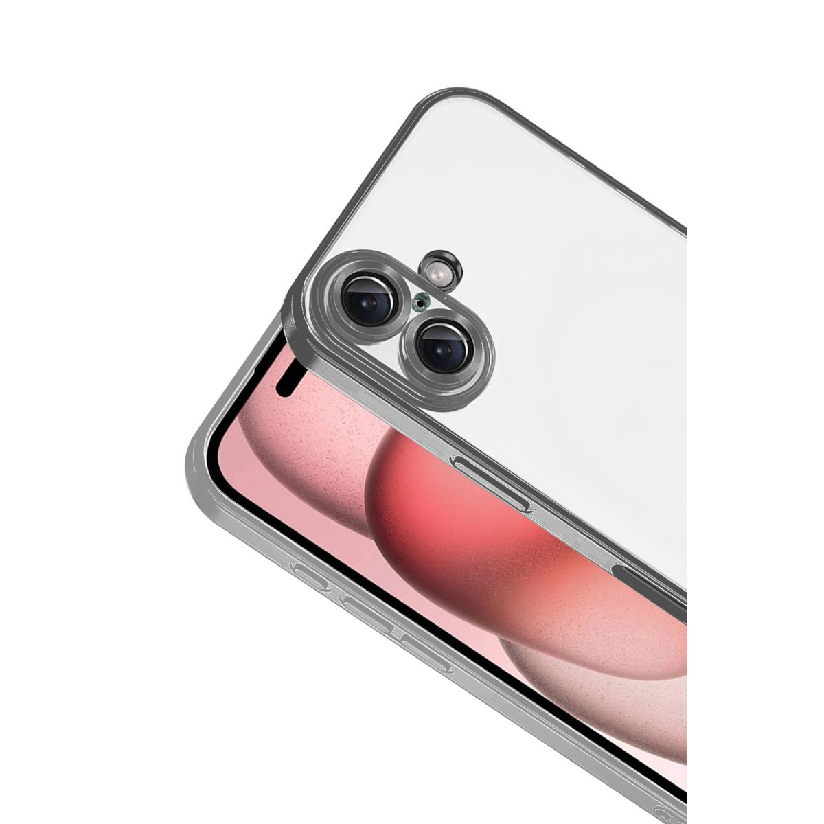 Beyaz arka plan üzerinde iki kameralı ve gümüş çerçeveli akıllı telefon.