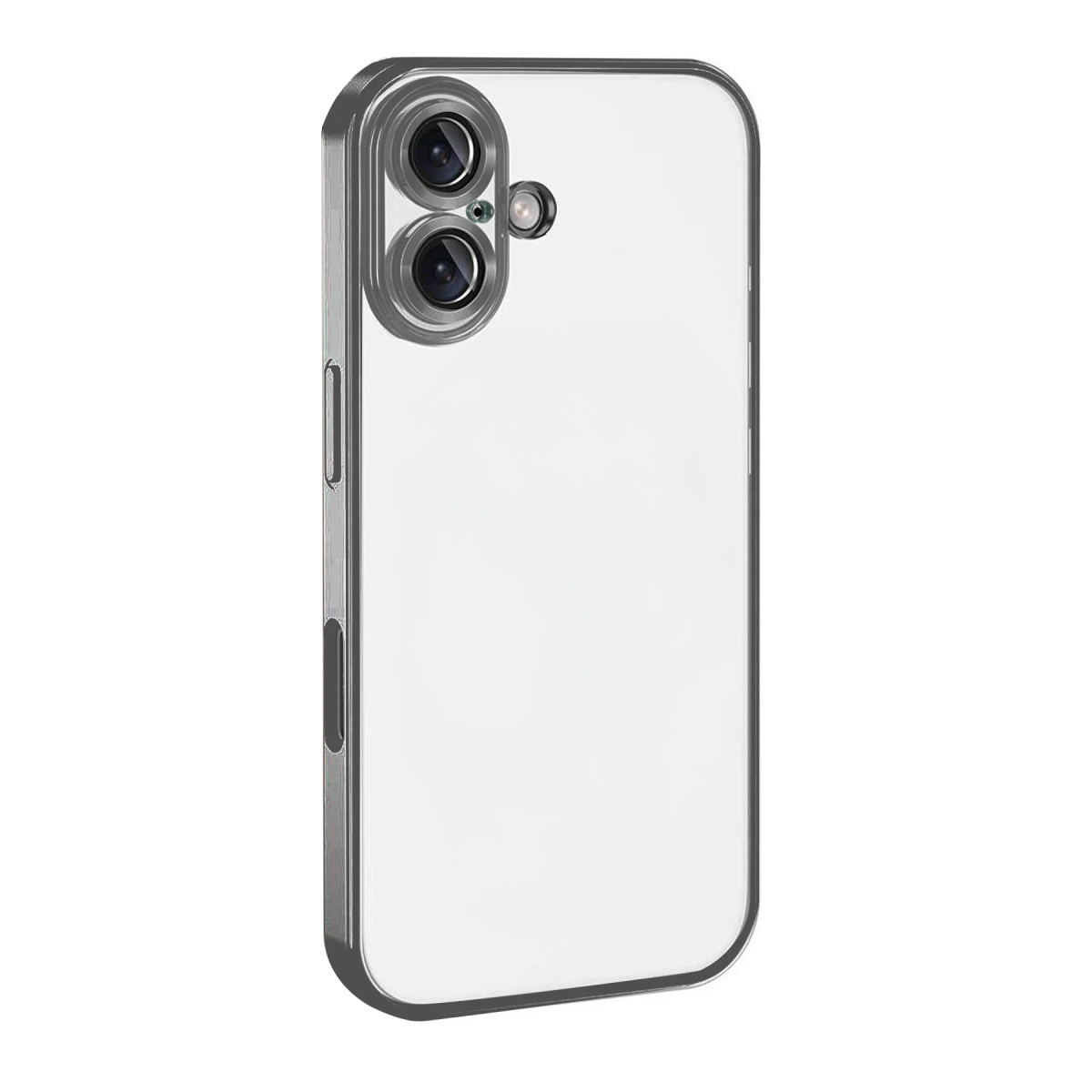Gümüş çerçeveli ve iki kamera lensli şeffaf telefon kılıfı.