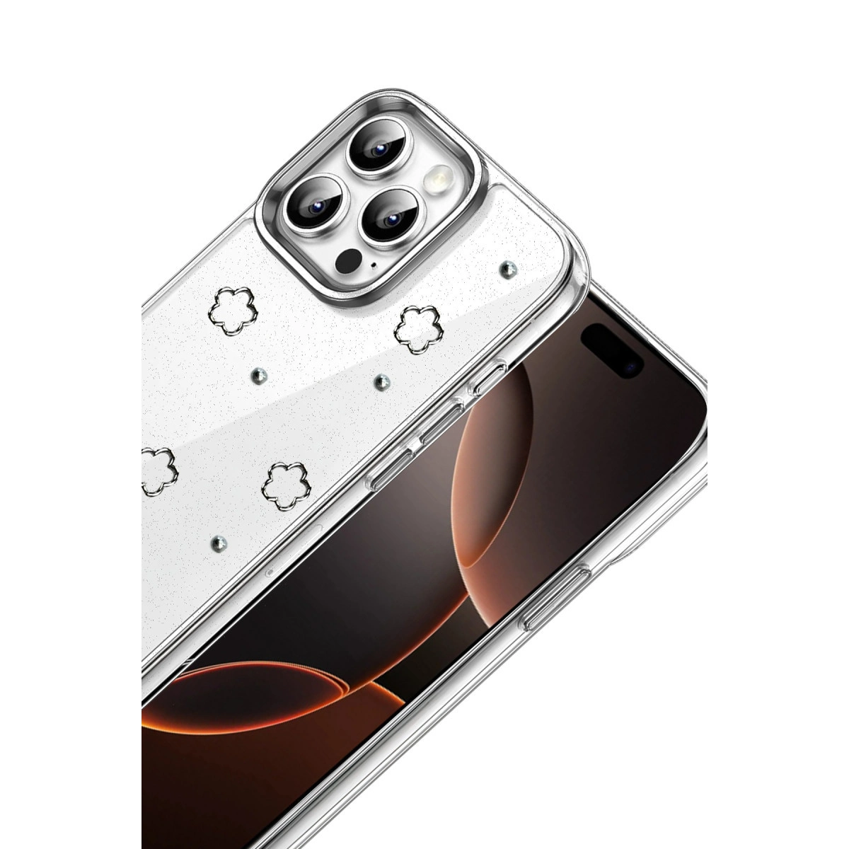 Çiçek desenli ve simli şeffaf telefon kılıfı.