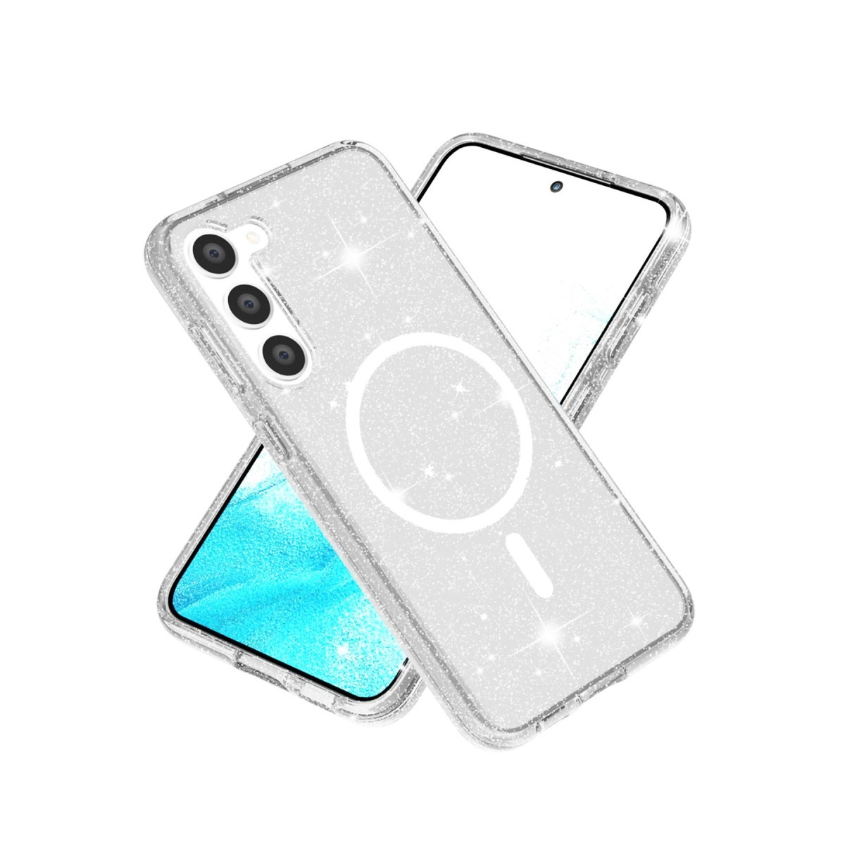 İki telefonda MagSafe halkalı şeffaf simli telefon kılıfı.