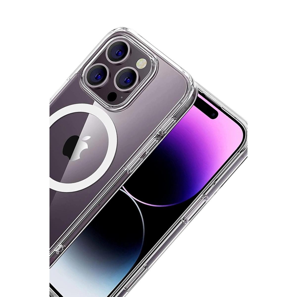 Üç kameralı şeffaf iPhone kılıfı ve Apple logosu.