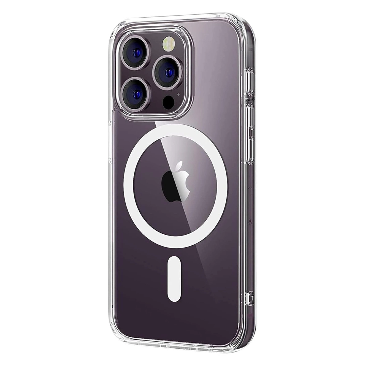 Kamera çıkıntısı ve beyaz manyetik halkalı şeffaf iPhone kılıfı.