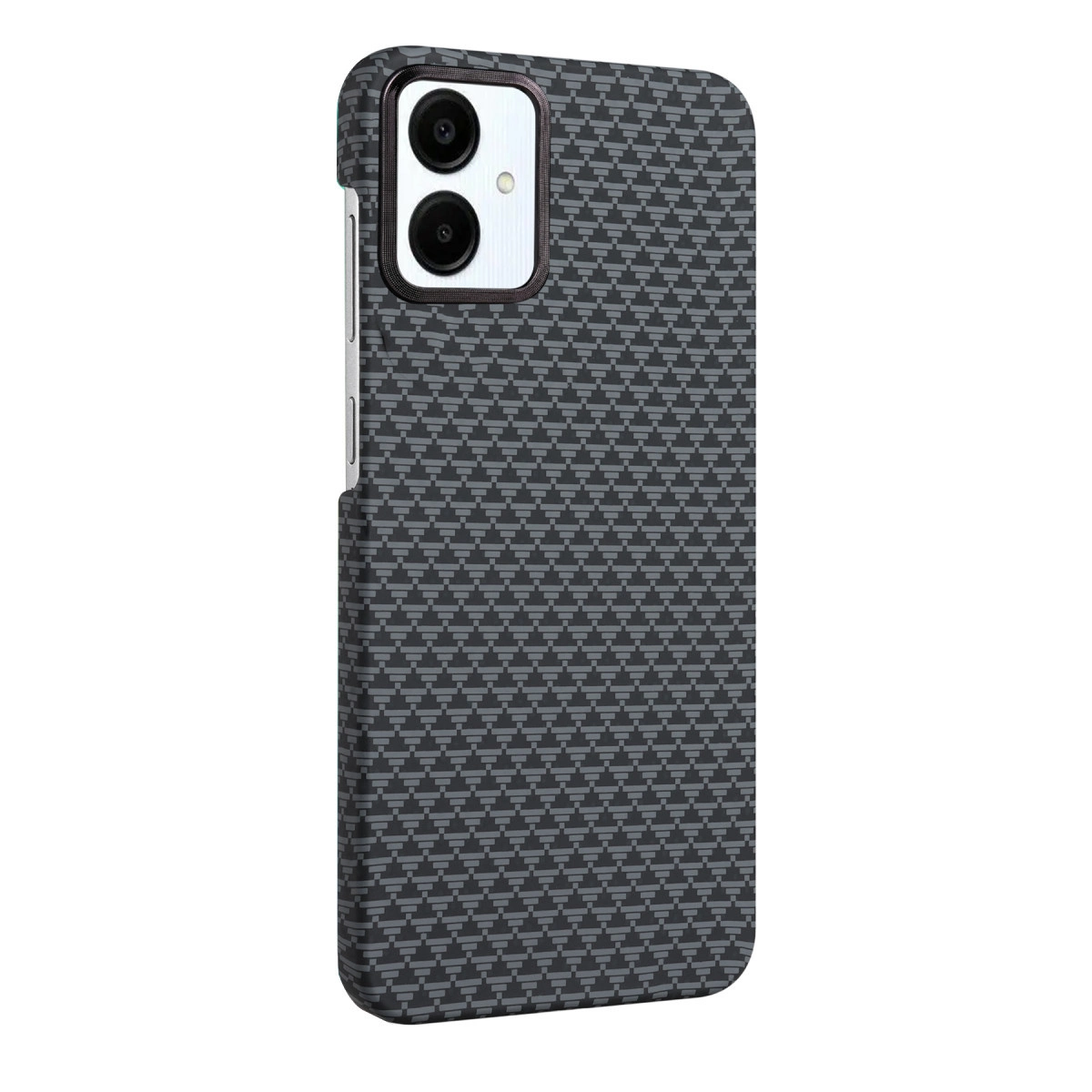 Karbon fiber desenli, iki kameralı koyu renk telefon kılıfı.