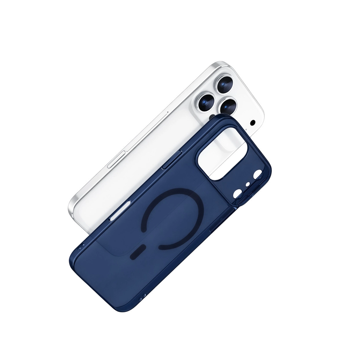 Mıknatıslı halkalı koyu mavi telefon kılıfı, gümüş bir iPhone'un üzerinde duruyor.