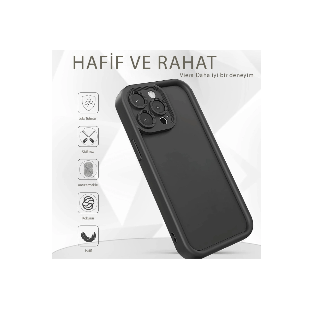 Siyah telefon kılıfı, kamera kesimi, detaylı ikonlar.