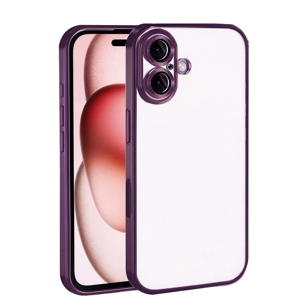 Şeffaf arka ve iki kamera lensli mor telefon kılıfı.