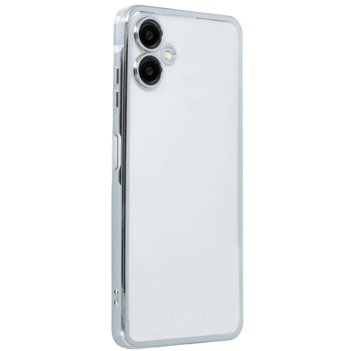 Gümüş çerçeveli, iki lensli şeffaf telefon kılıfı.