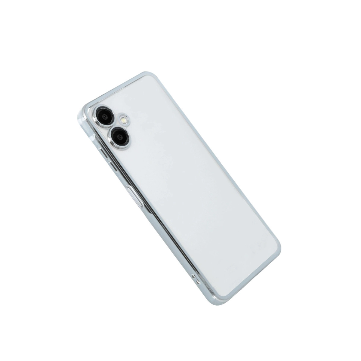 Gümüş kenarlı şeffaf telefon kılıfı, beyaz arka plan üzerinde.