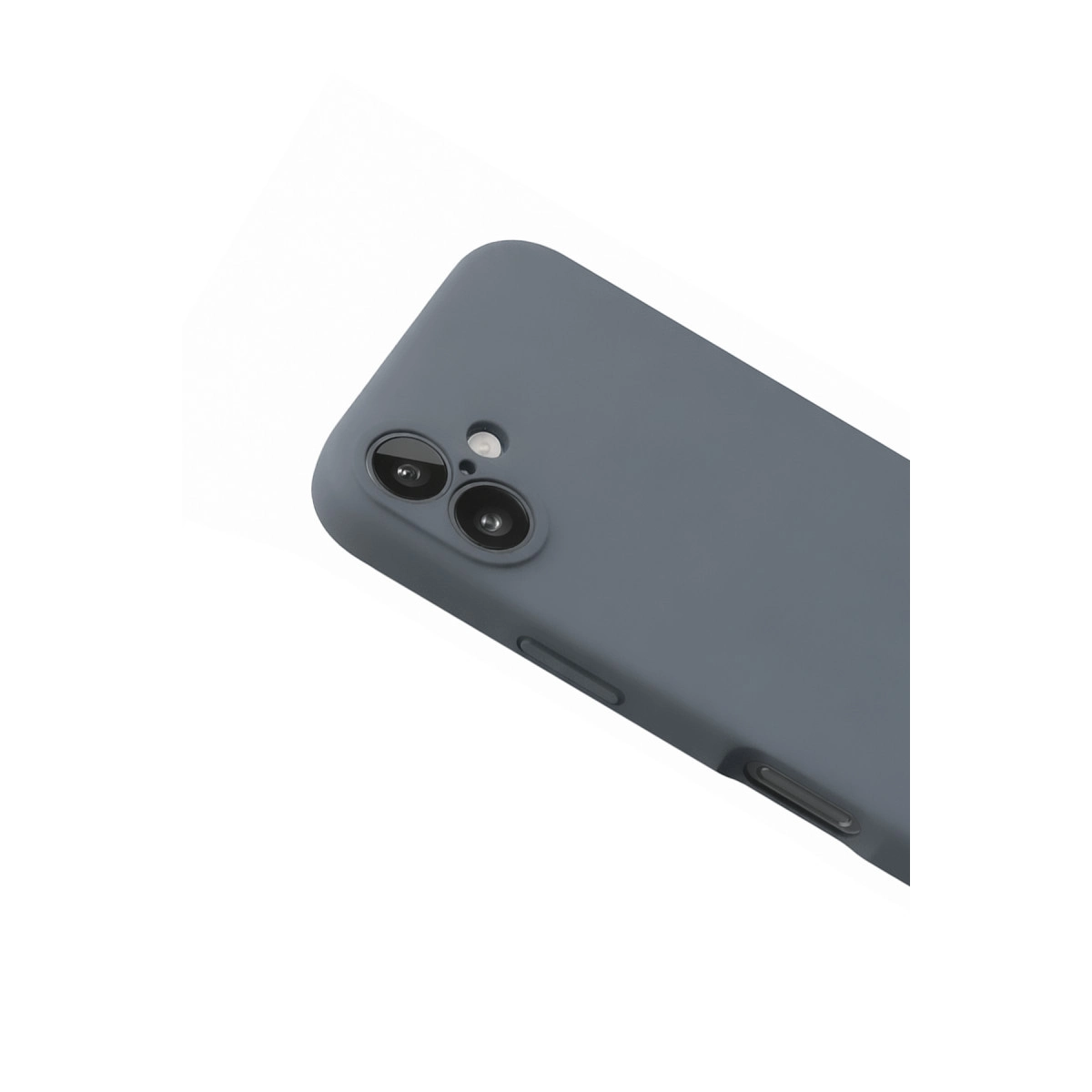 Beyaz arka plan üzerinde iki kamera ve flaşlı gri telefon kılıfı.