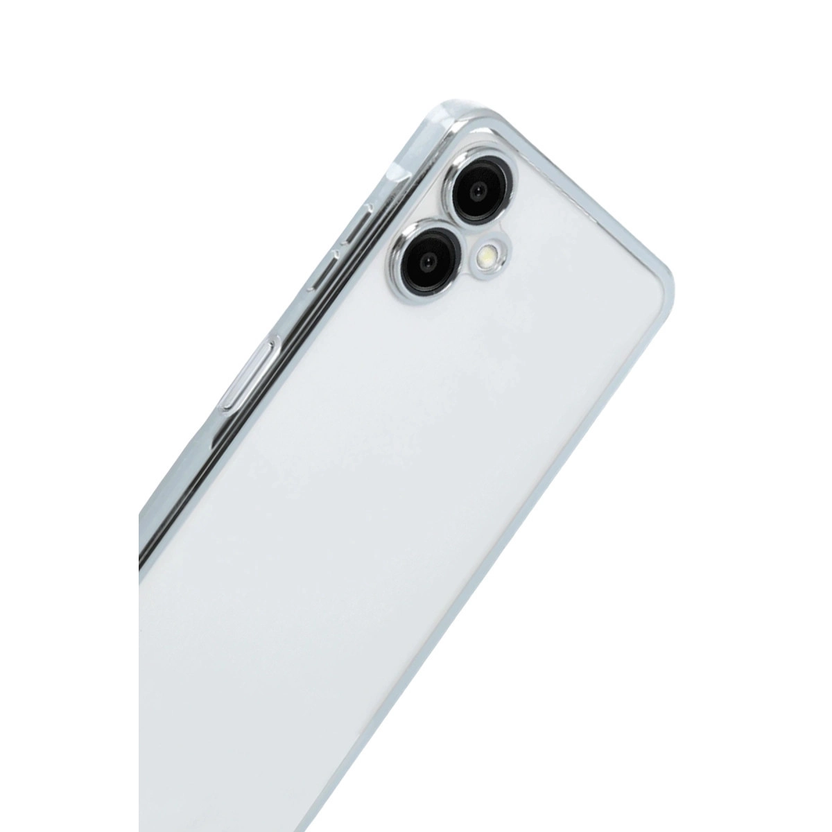 Beyaz arka plan üzerinde iki kameralı şeffaf telefon kılıfı.