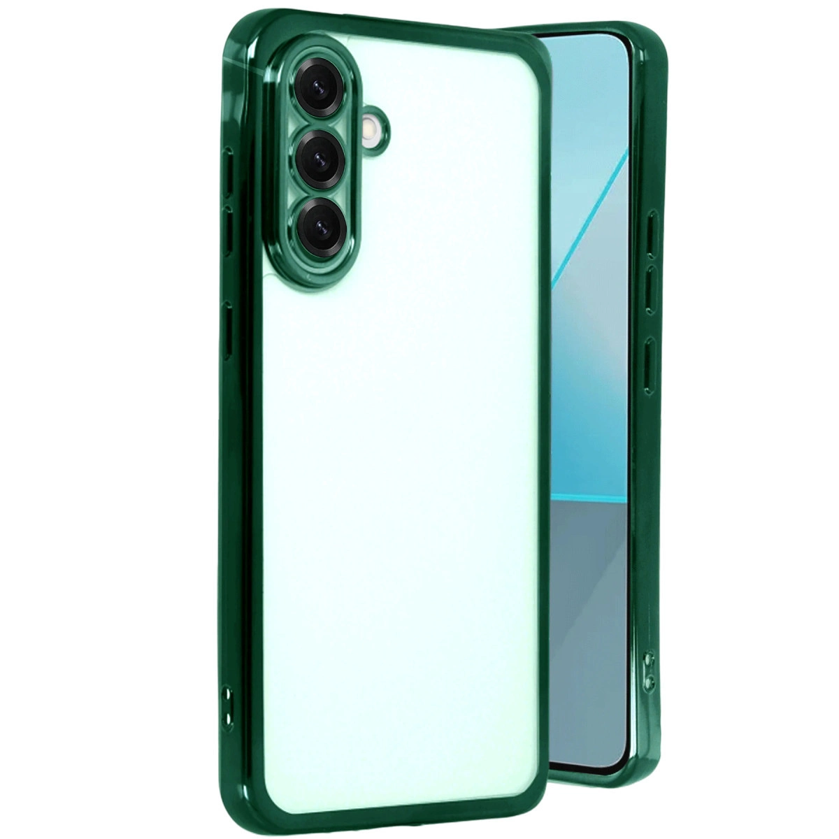 Yeşil çerçeveli şeffaf kılıf, telefon kamera lenslerini gösteriyor.
