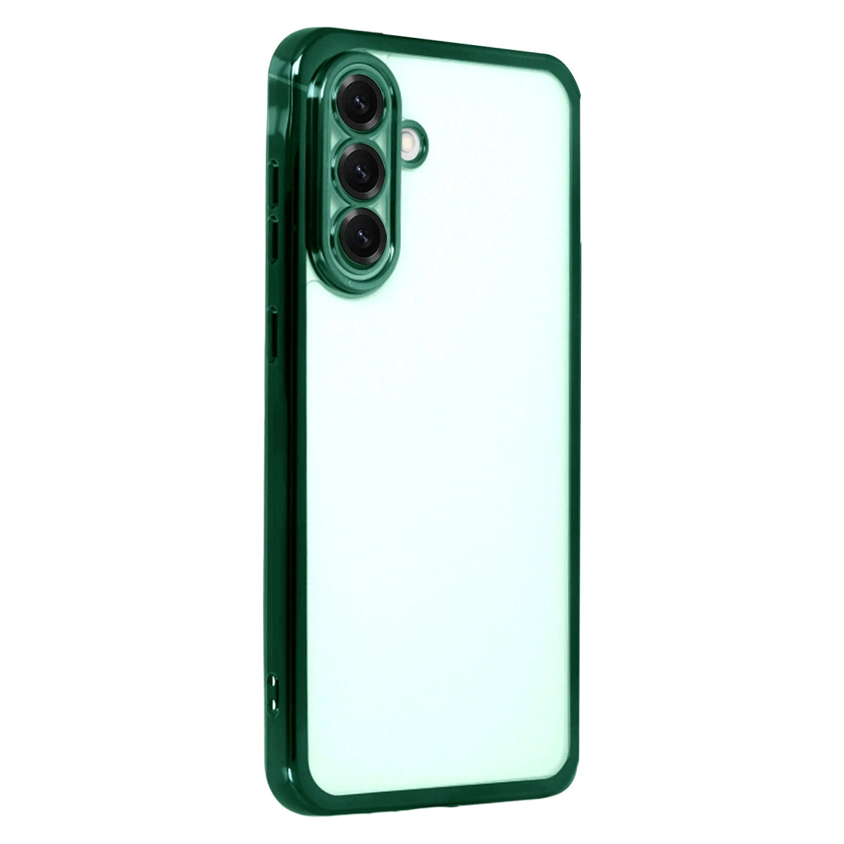 Üç kamera lensli ve flaşlı yeşil telefon kılıfı.