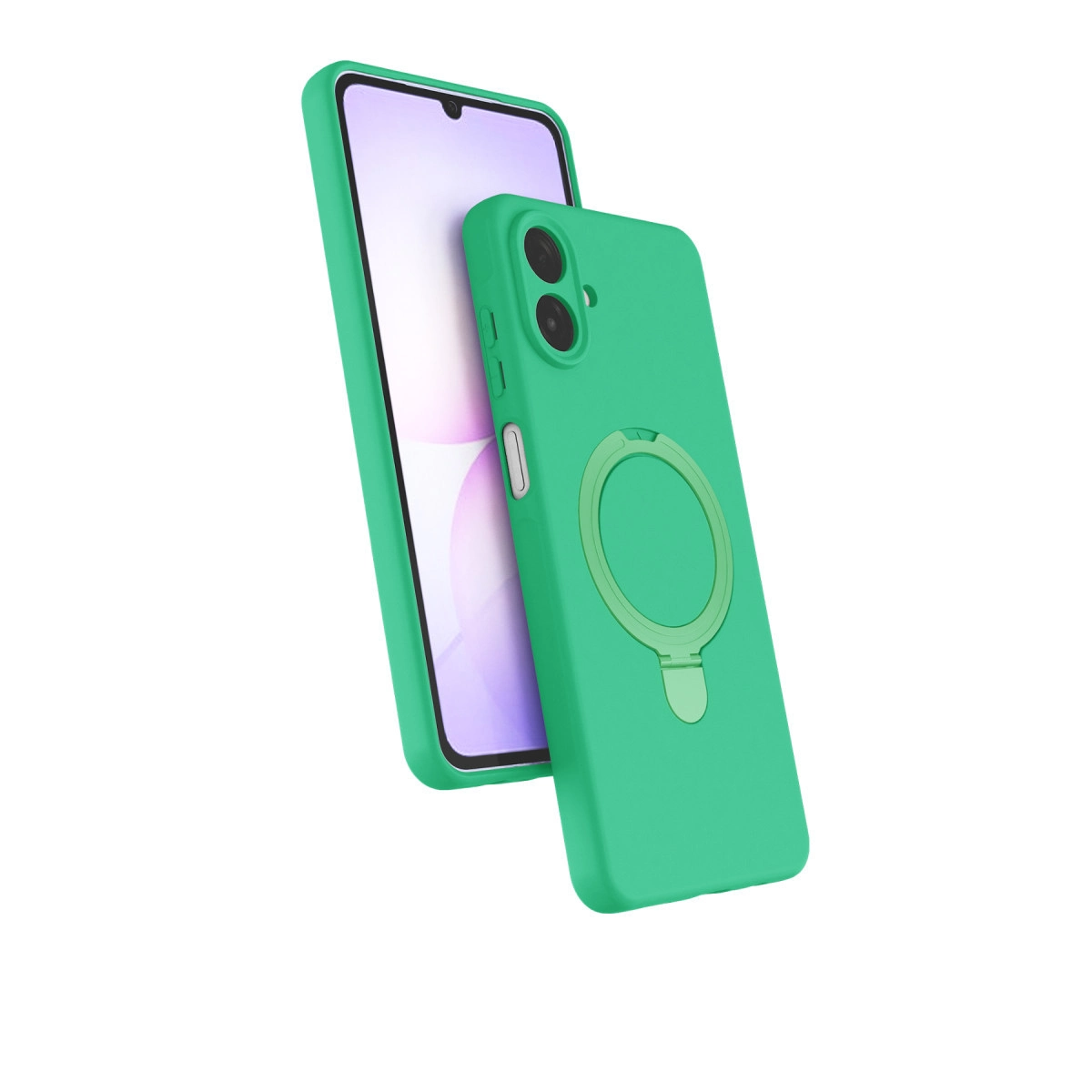 Halka tutuculu yeşil telefon kılıfı, akıllı telefonun yanında.