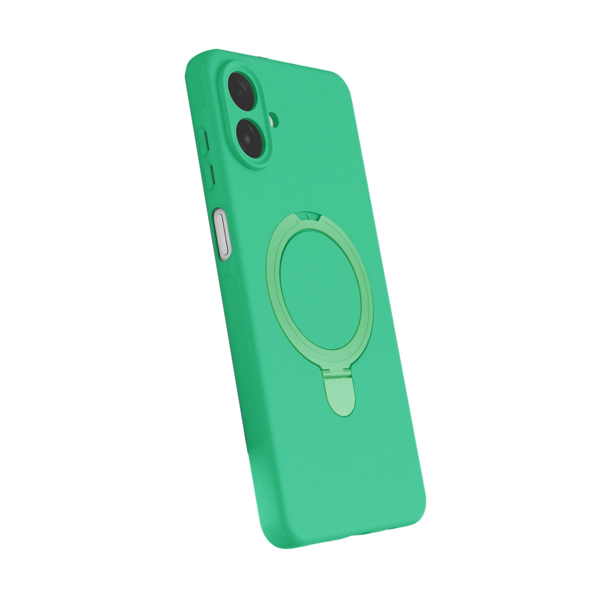 Halka tutuculu ve kamera lensli yeşil telefon kılıfı.