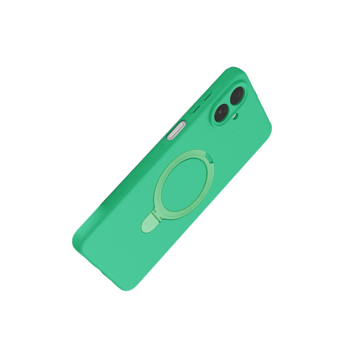 Beyaz arka plan üzerinde halka tutuculu ve kamera kesimli yeşil telefon kılıfı.