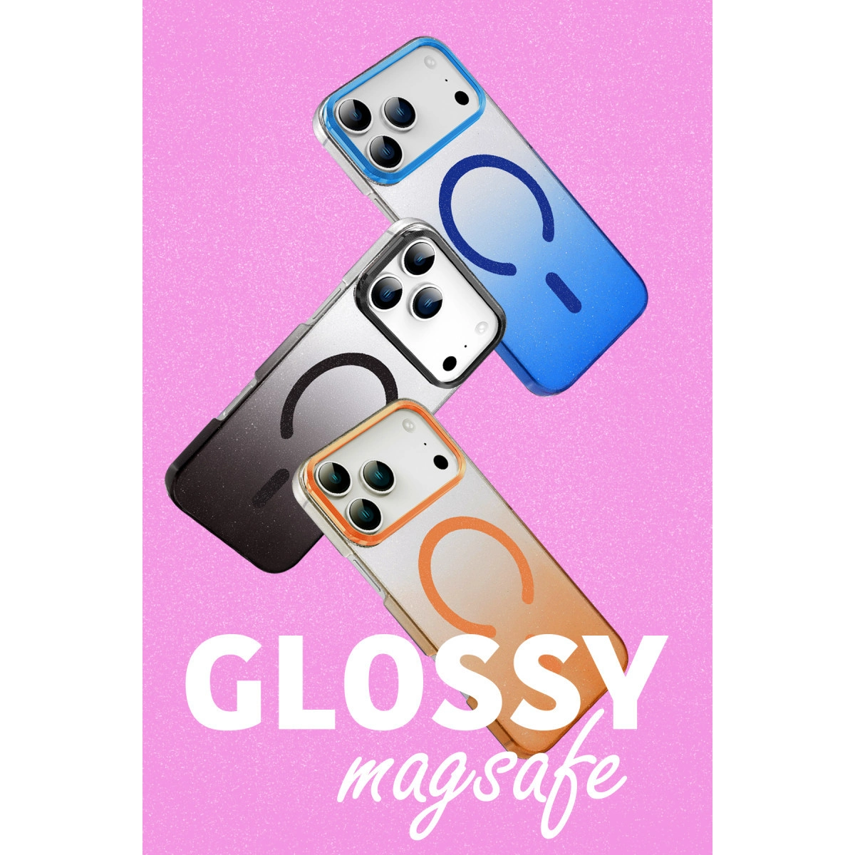 Pembe arka plan üzerinde mavi, gri ve turuncu üç MagSafe kılıfı.
