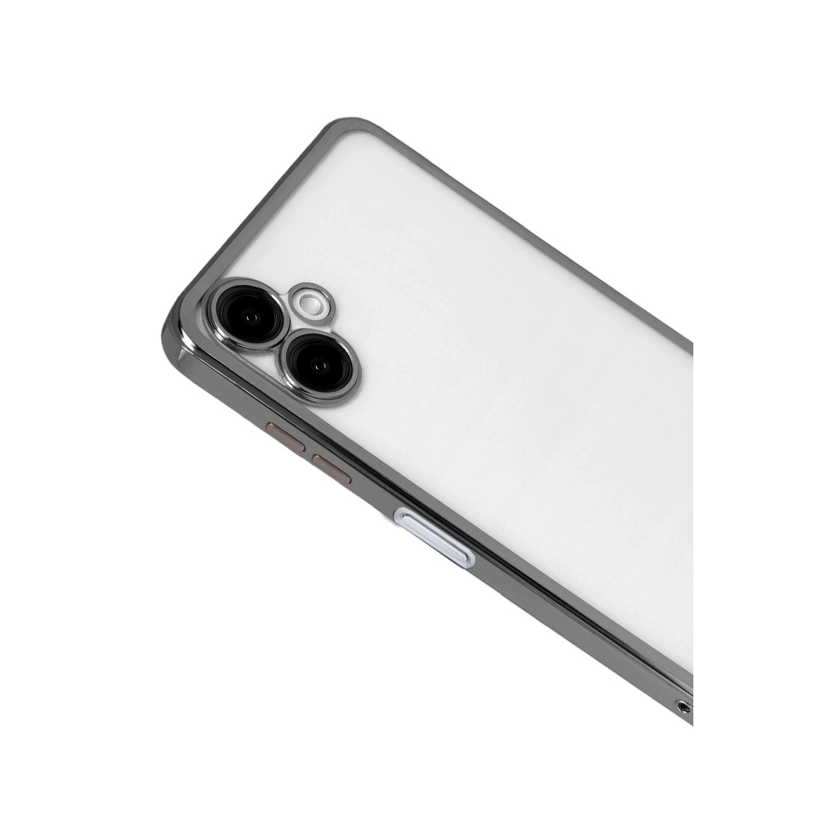 Beyaz arka plan üzerinde iki kamera lensli gümüş telefon kılıfı.
