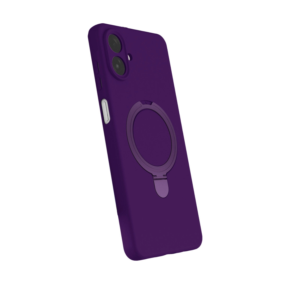 Halka tutuculu ve iki kamera lensli mor telefon kılıfı.