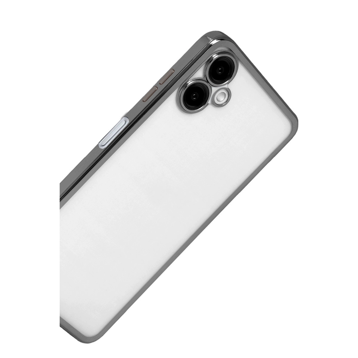 Üç kameralı beyaz akıllı telefonun arkası, gümüş çerçeveli.