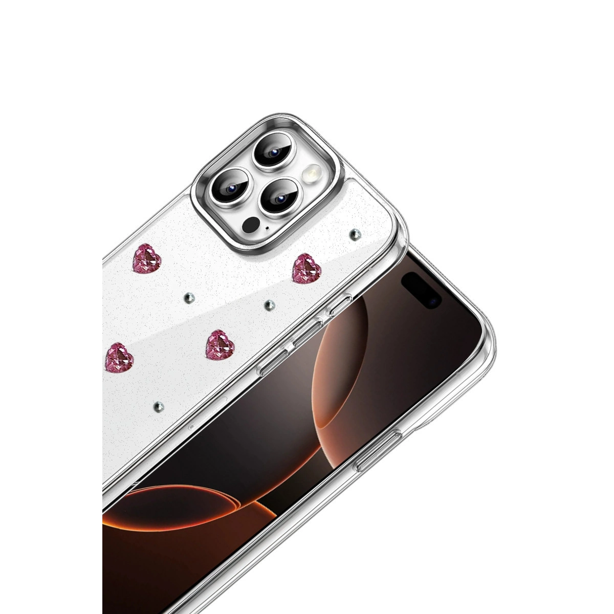 Simli ve pembe kalp detaylı şeffaf telefon kılıfı.