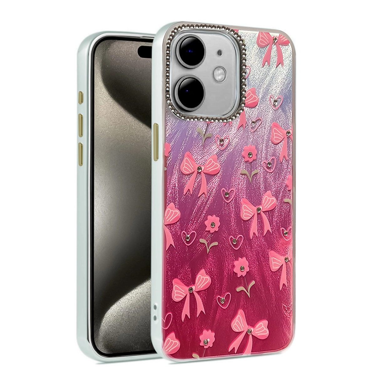 Fiyonk, çiçek ve kalplerin yer aldığı pembe kılıflı açık yeşil telefon.