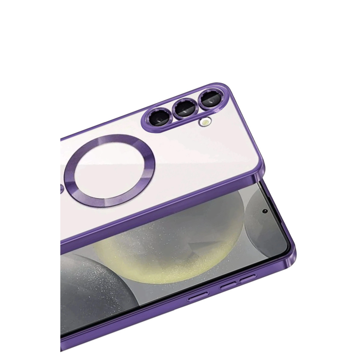 Kamera kesimli ve manyetik halkalı mor telefon kılıfı telefonda.